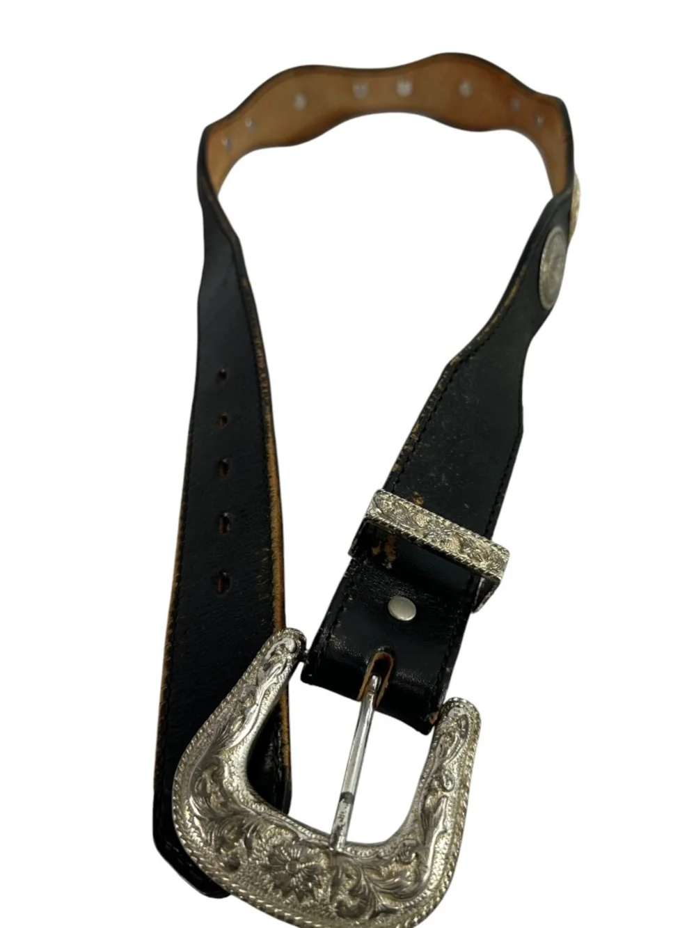 Vintage Black Leather Western Concho Belt Silver Engraved Buckle Boho Size 32